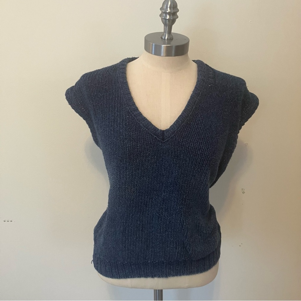 VTG Calvin Klein Womens Sweater Knit Vest Indigo Cotton V Neck Small Cottagecore